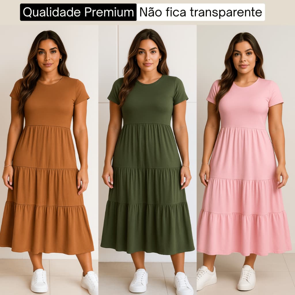 Vestido longo Midi feminino manguinha de malha confortável e bonito comfy