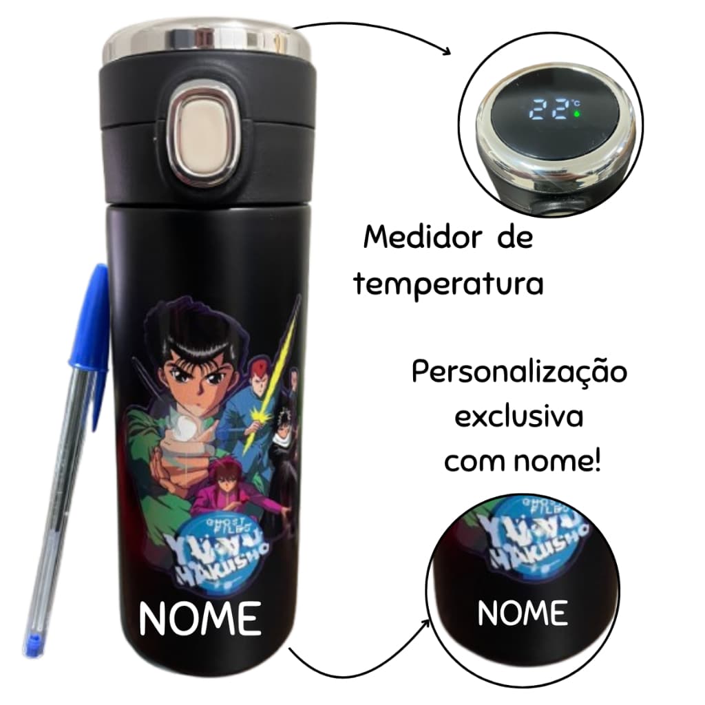 Garrafa Térmica YUYU Hakusho Inox Com NOME Termostato de Led Trava de Segurança Personalizada Adulto Infantil escolar