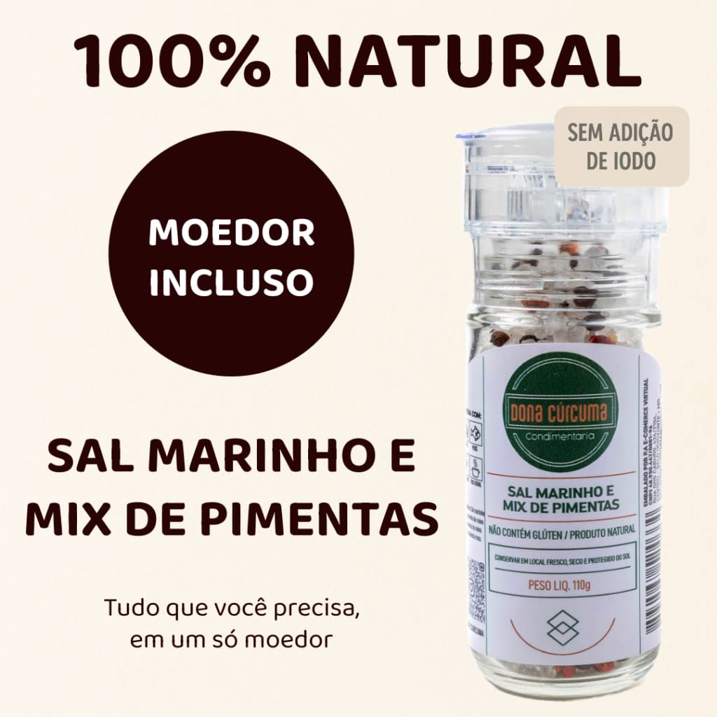 Moedor de Sal Marinho e Mix de Pimentas 100% Natural | Temperos e Especiarias – Dona Cúrcuma