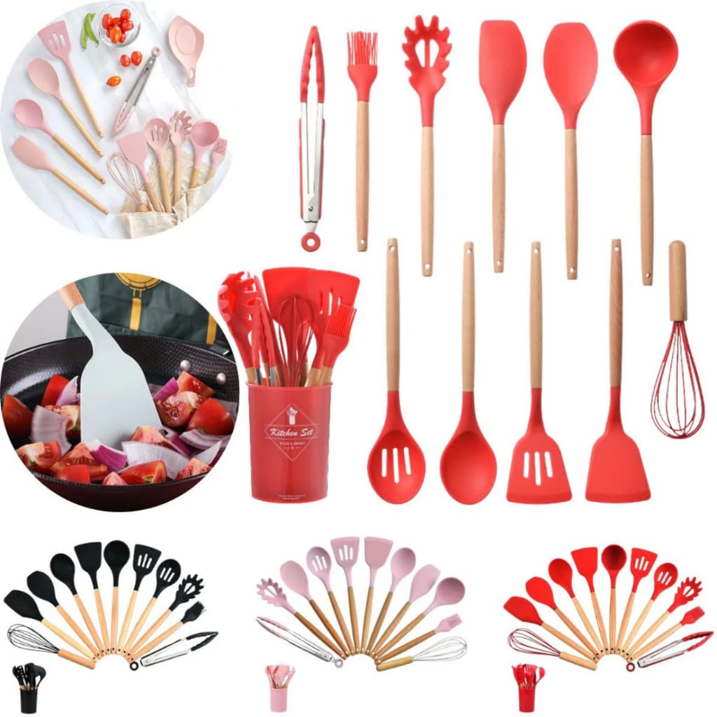 Kit 12 Peças Utensílios Silicone Cabo Madeira Fouet Pegador