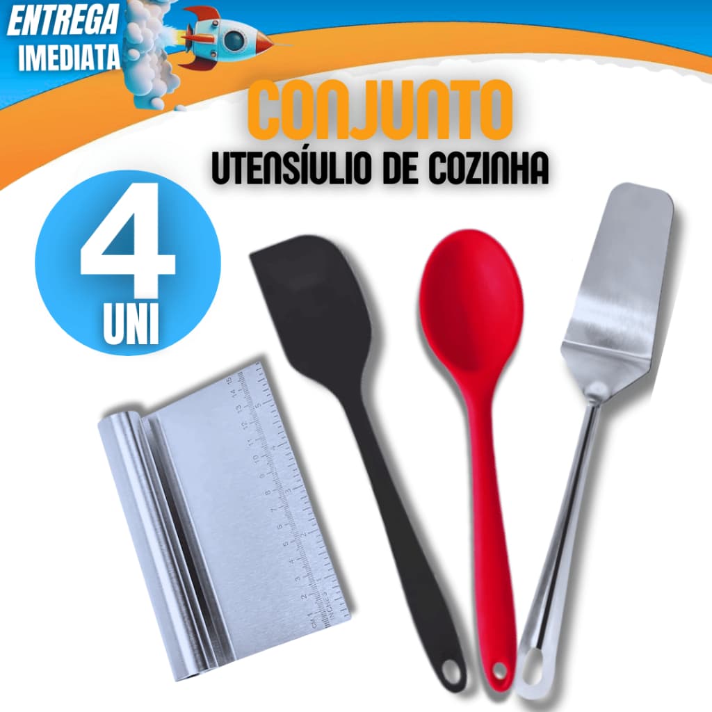 KIT 04 -1 Espátula Pão duro de Silicone 1 Espátula de Cozinha Bolo Pudim Pizza 1 Espátula Cabo Tubular 1 Colher Silicone