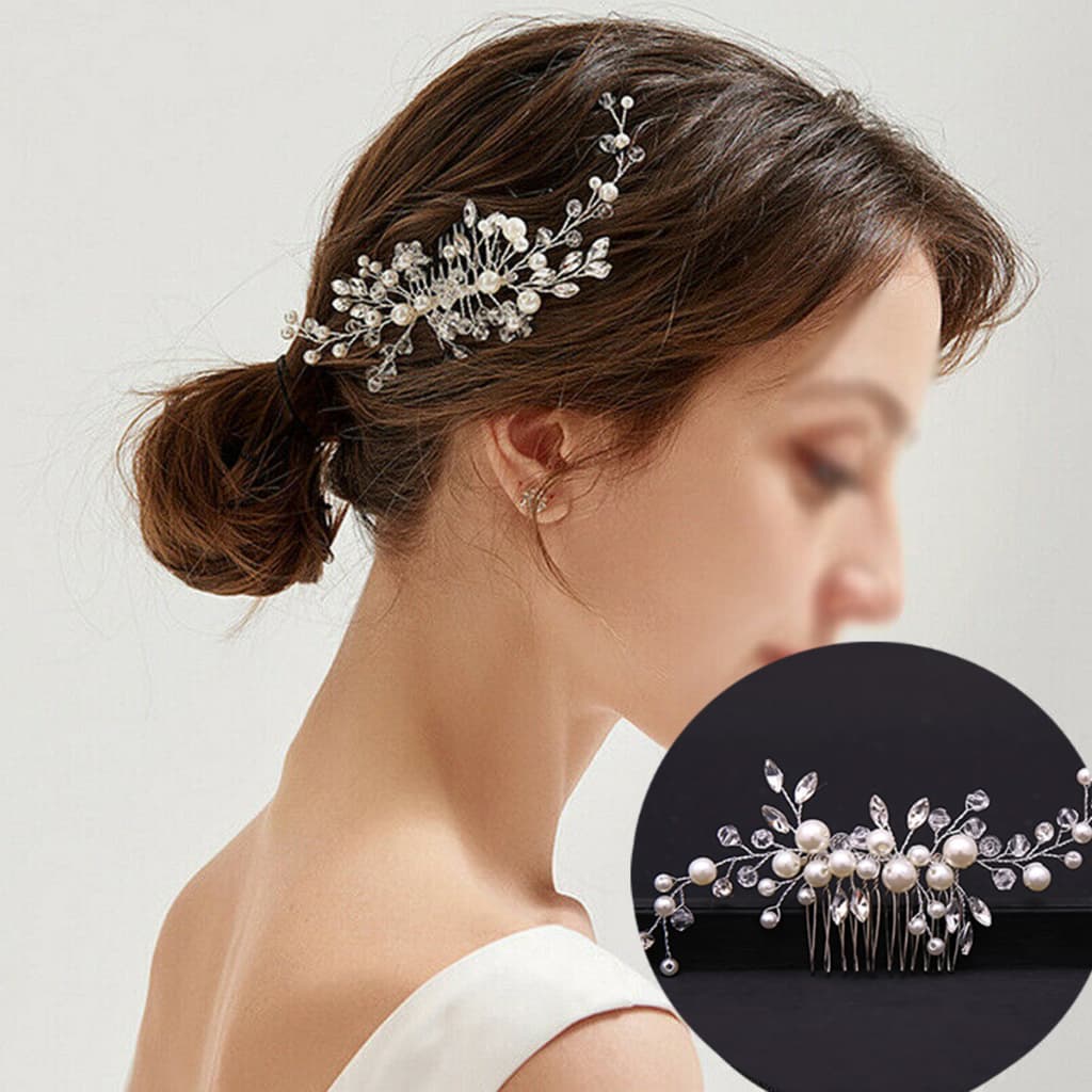 Arranjo de Cabelo Noiva Grinalda Pérolas Prata Elegante e Delicado