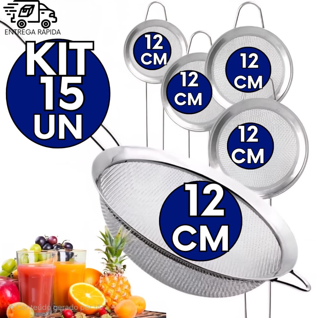 KIT 15 Peneiras de Inox 12Cm – Resistência e Versatilidade na Sua Cozinha, Restaurante, Casa, Buffet