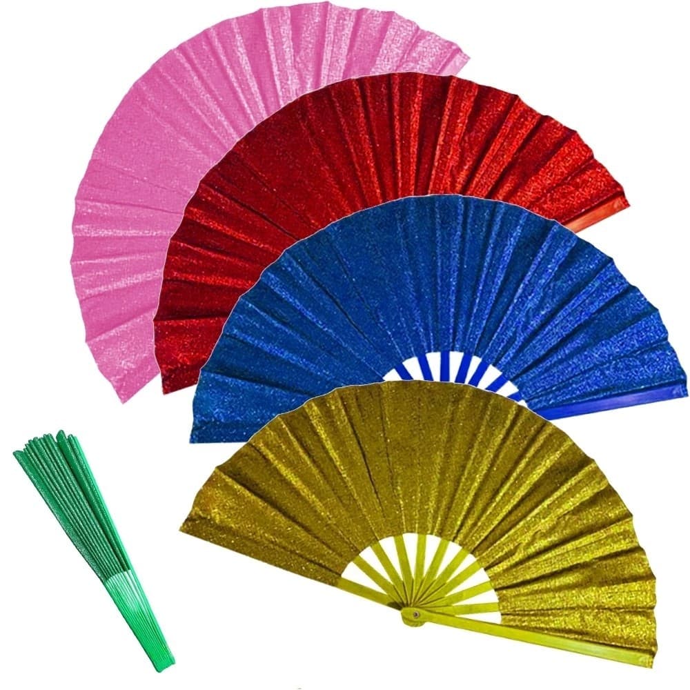 Kit 16 Leque Grande Oriental Brilho Glitter Colorido Para Festa Dança Carnaval Decoração 34x60cm