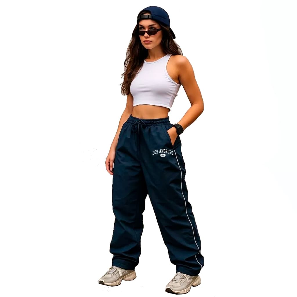 Calça básica estilo street reta larga de tactel com ajuste de cordão na cintura e bolsos unissex