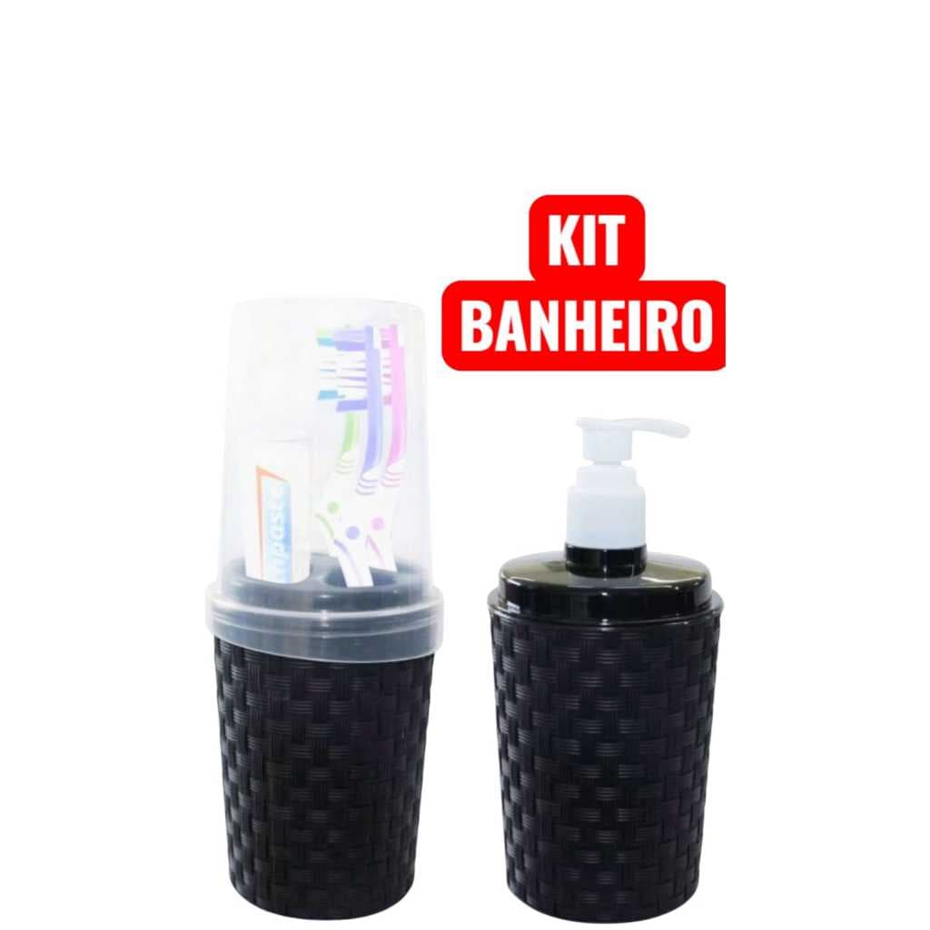 Kit Banheiro Porta Escova Preto Rattan + Porta Sabonete Líquido Preto Rattan - Delta Útil