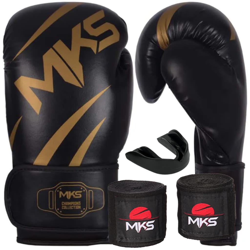 LUVA MUAY THAI BOXE KICKBOXING CHAMPION PRETA/DOURADA + BANDAGEM + PROTETOR BUCAL - MKS COMBAT