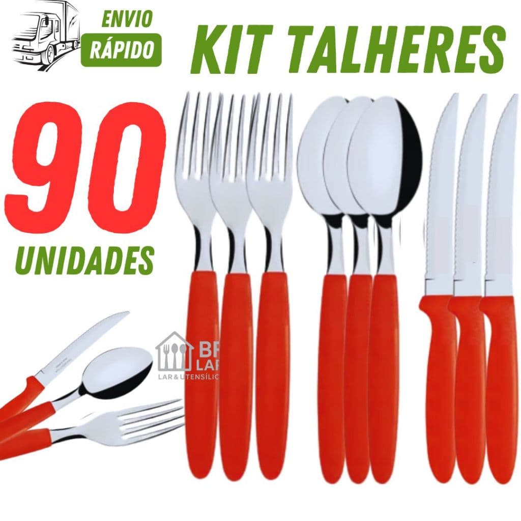 Talher Colorido Vermelho 90/60/30 Unidades Conjunto Garfo Faca e Colher Inox para Bares Restaurantes