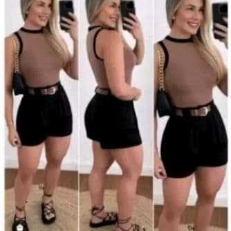 Conjunto Plus Size e Slin Shorts Zíper na Lateral Alfaiataria Acompanha Cinto + Croped Tecido Anarruga