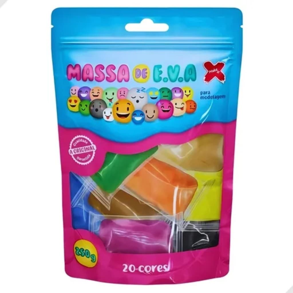 Massa EVA Colorida 20 Cores 250g Infantil Criativa Artesanato Infantil Make+ Consistência Elástica