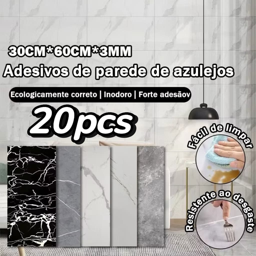 Conjunto de 20 adesivos de parede de mármore 3D laváveis em relevo 30 cm x 60 cm -
