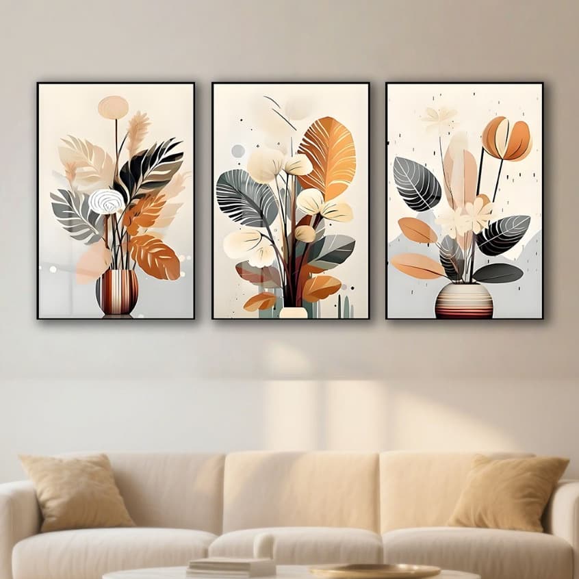 Kit 3 Quadros Decorativos Jarros com Folhagem Bege Folhas Verdes 120x60 Sem moldura