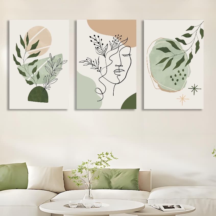 Kit 3 Quadros Decorativos  Minimalista com Folhas Verdes e Tonos Claros para Sala de Estar