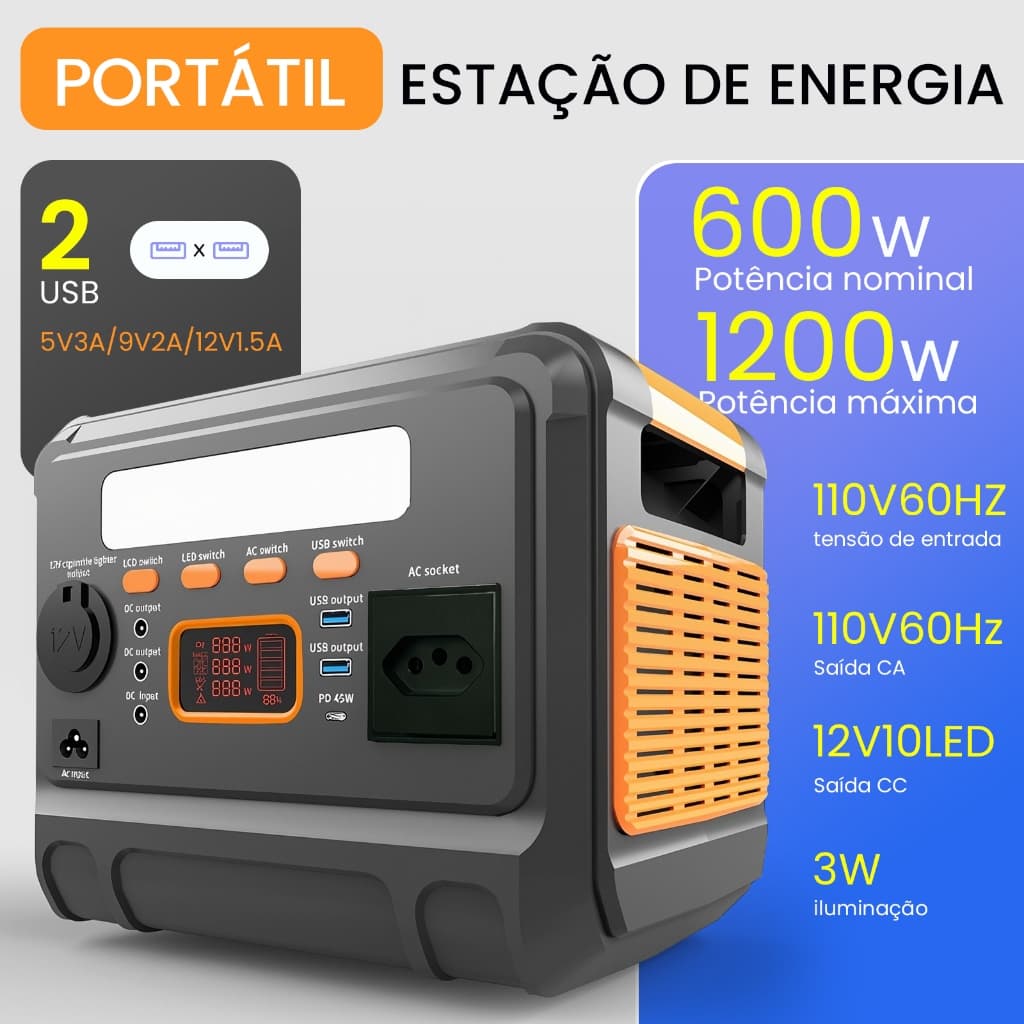 Estação Portátil 576Wh 600W - Solar, USB-C PD, 110V, LED, Viagens/Emergências