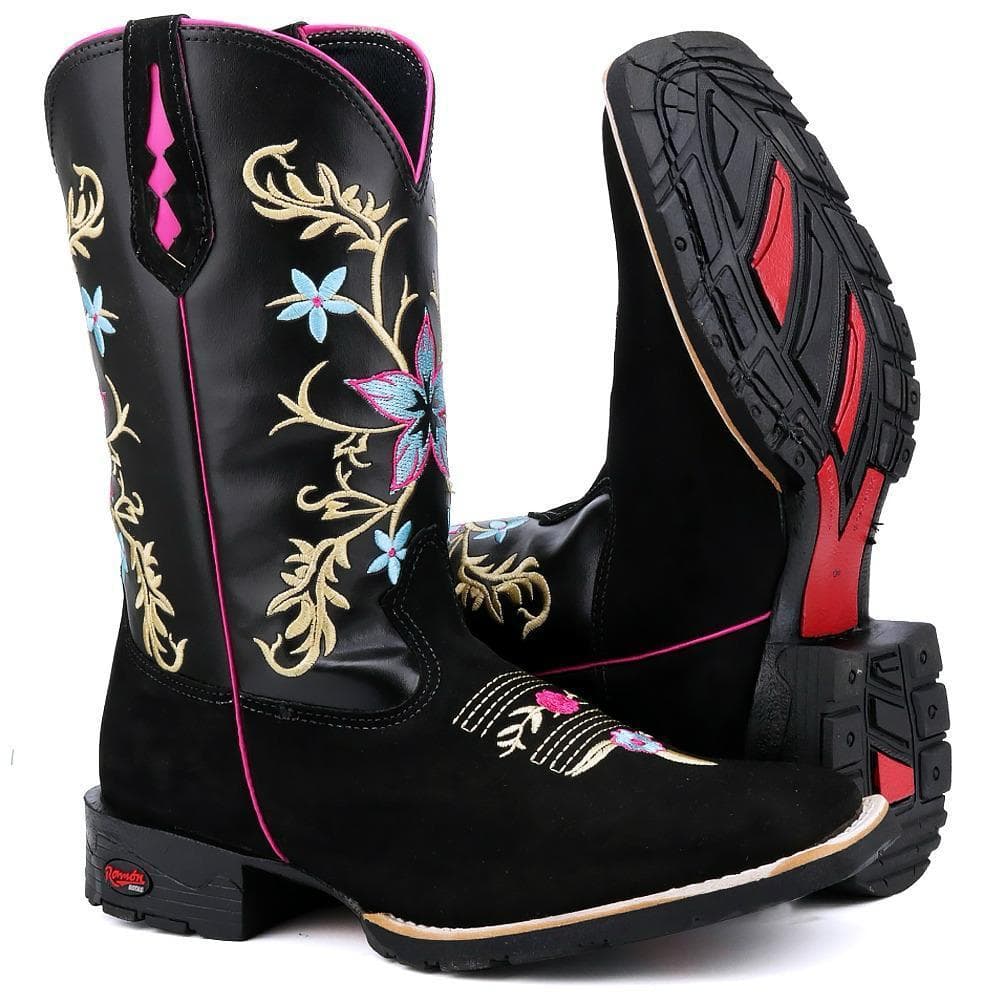 Botina Country Feminina Bordado Flor Rodeio Texana Bico Quadrado Couro