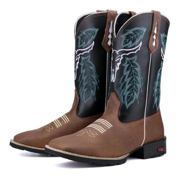 Botina Masculina Bordada Boi Country Cano Longo Couro Texana