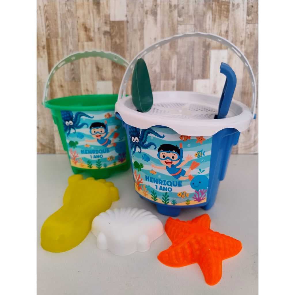 Kit com 15 Baldinhos de Praia Personalizado - Fundo Mar Mergulhador