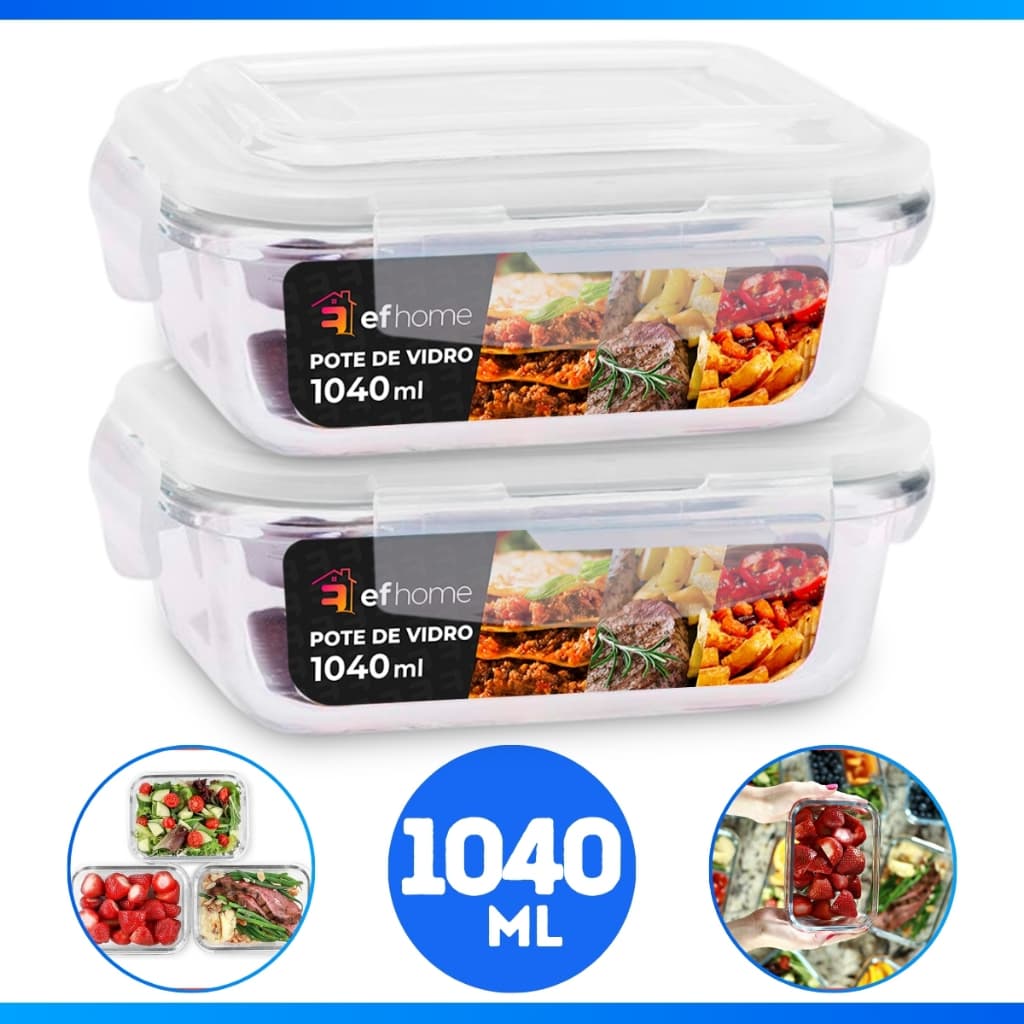 2 Pote Vidro Hermético 1040 ML Tampa Plástica Vedação BPA Marmita Forno Freezer Armazenar Alimentos