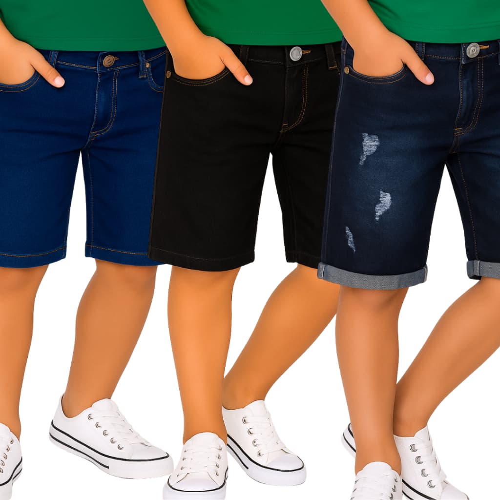 Kit 3 Bermudas Jeans Infantil Masculina com Elastano Tradicional + Rasgada + Destroyd Tam 2 a 6 anos