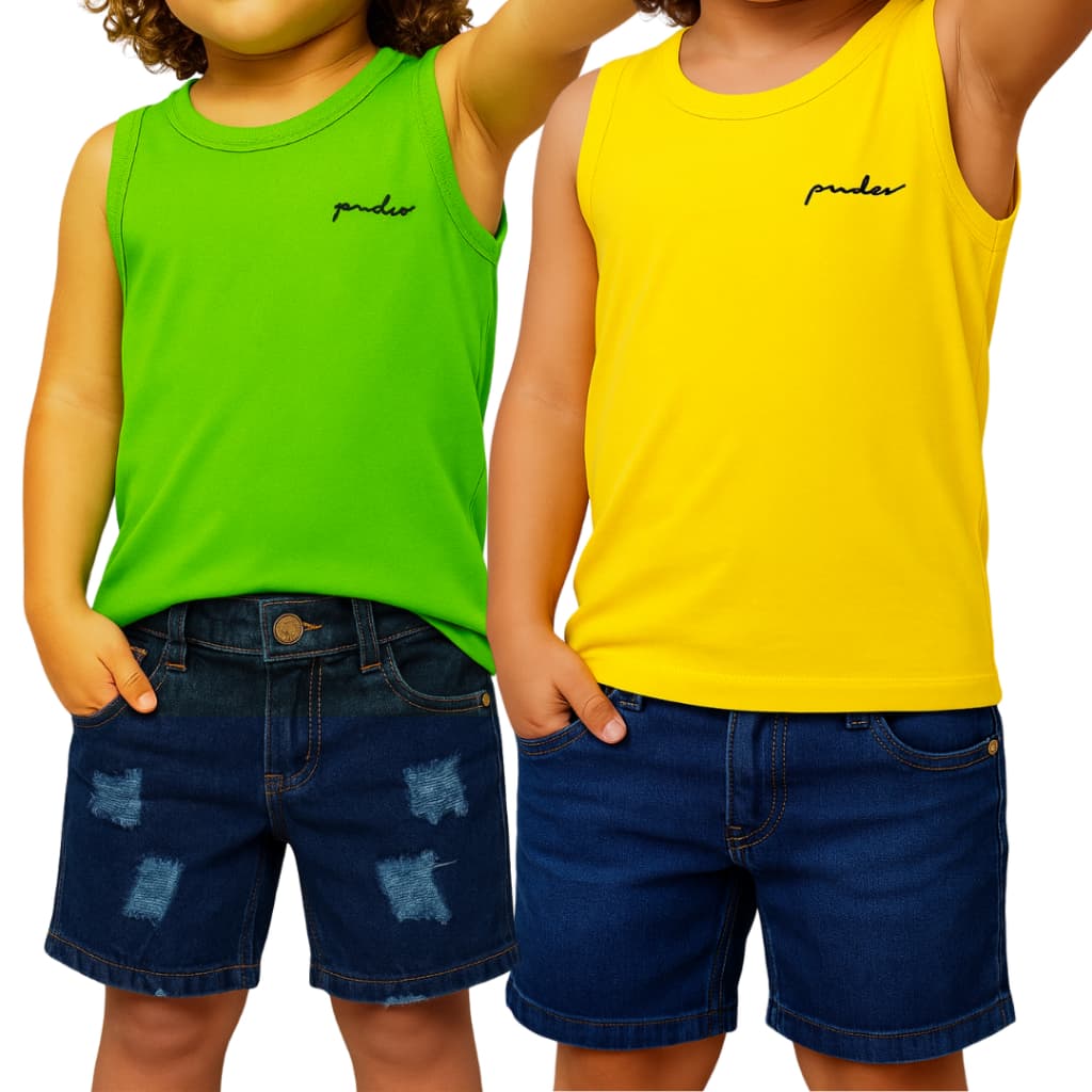 Kit 2 Camisetas Regata Lisa Básica + Bermuda Jeans Infantil Menino Tradicional e Rasgadinha 2 a 6 anos