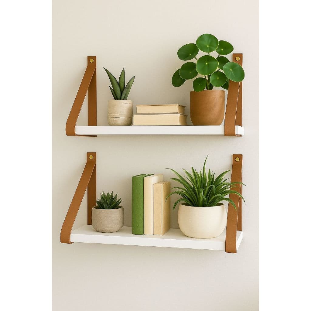 Kit 2 Prateleira em Mdf Branca 45x15 Alça Couro Ecológico Resistente