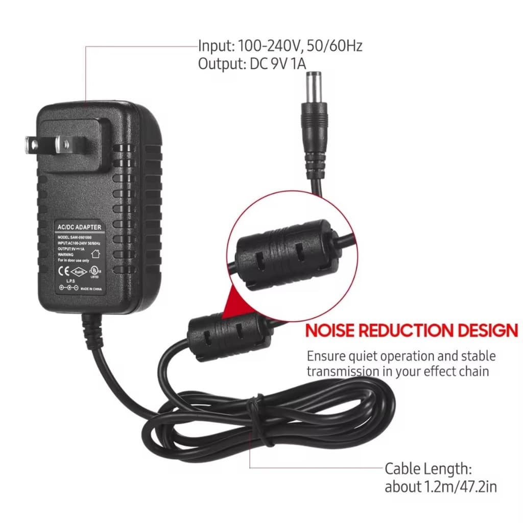 Fonte própria 9v para pedal de Efeito de Guitarra, Com filtro de ruído (negativo no centro)