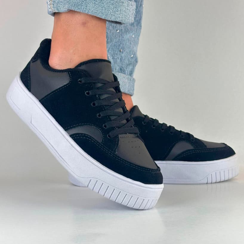 Tênis Feminino Casual Plataforma Preto Cadarço Sola Reta Confortável Promoção Envio Rápido