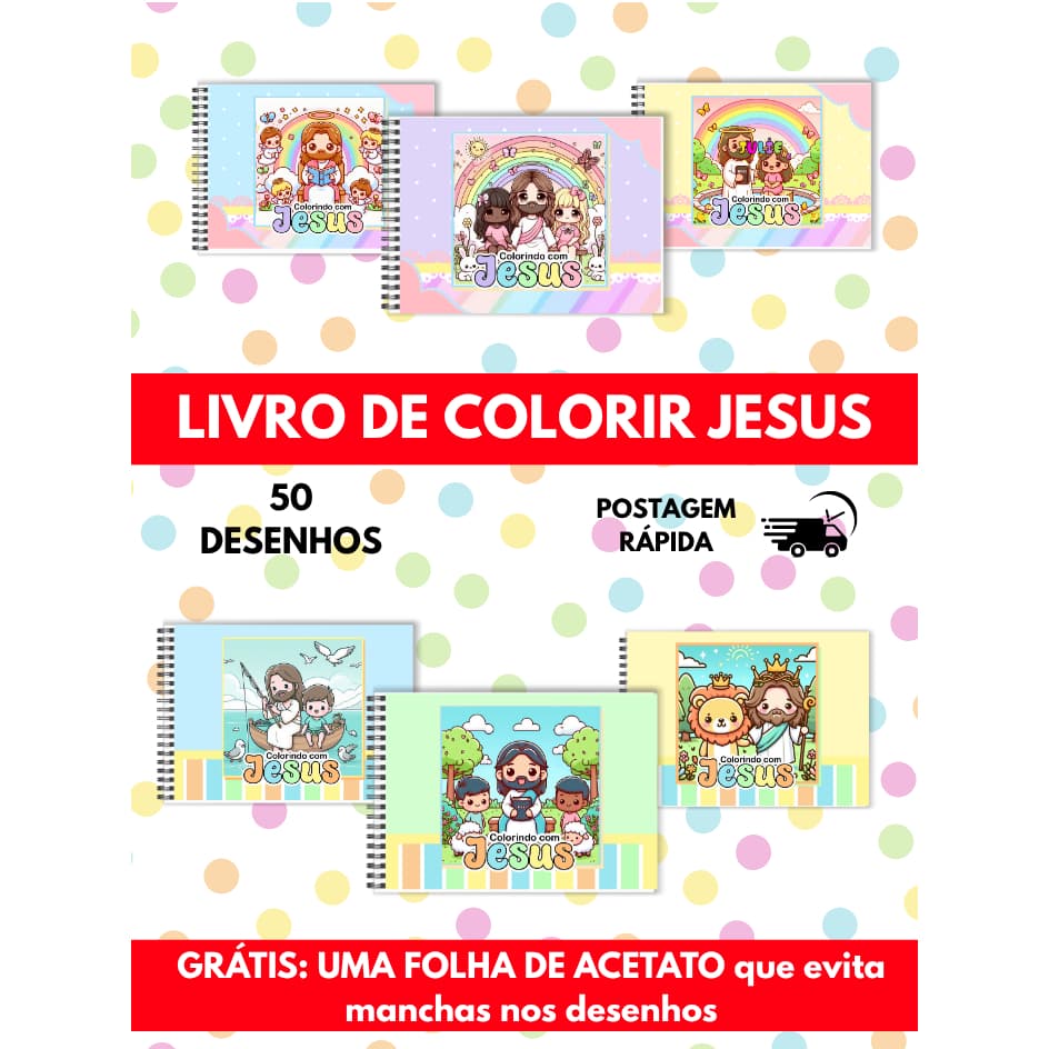 Livro de Colorir Pintar Jesus Cute Cristão Estilo Bobby Goods Criança 50 Desenhos