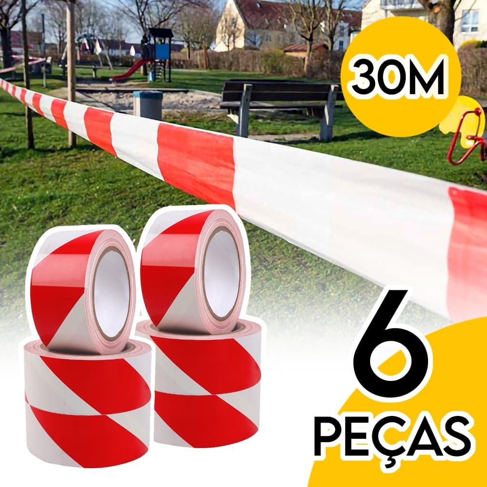 Kit 6 Fitas Zebrada Vermelha e Branca Sinalização 30m PVC Demarcação Isolamento