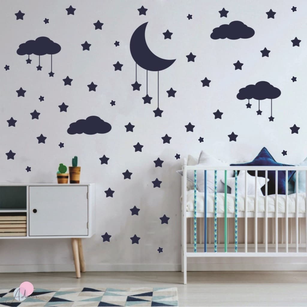 Adesivo De Parede Quarto Infantil Nuvens Lua e Estrelas Cinza Claro e Azul Escuro Papel de Parede