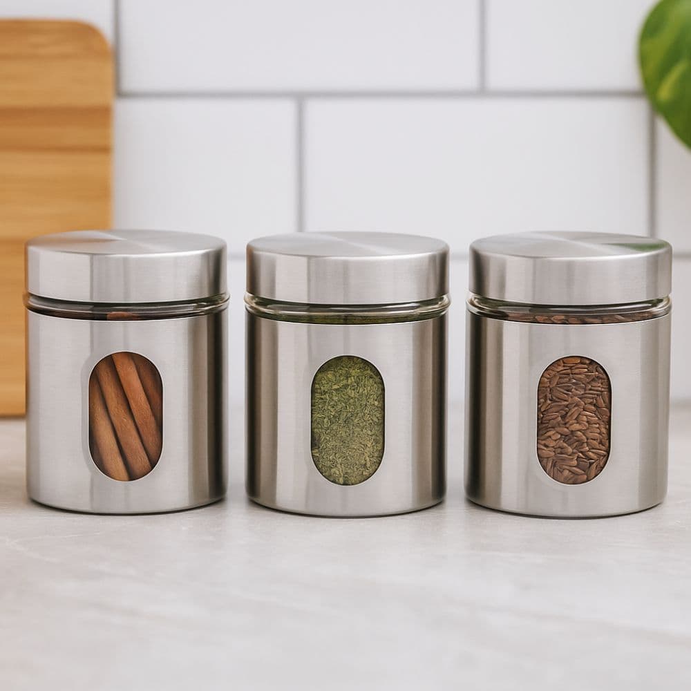 Jogo 3 Potes de Vidro Inox Hermético com Visor 630ml Mimo Style Cozinha Organizada