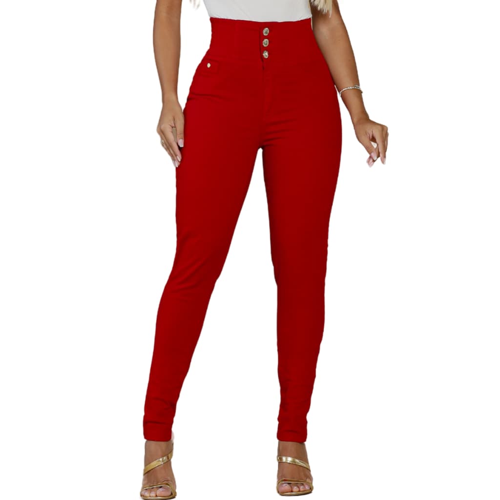 Calça Feminina vermelha Cintura Alta Versátil Modeladora Laycra Elastano Premium