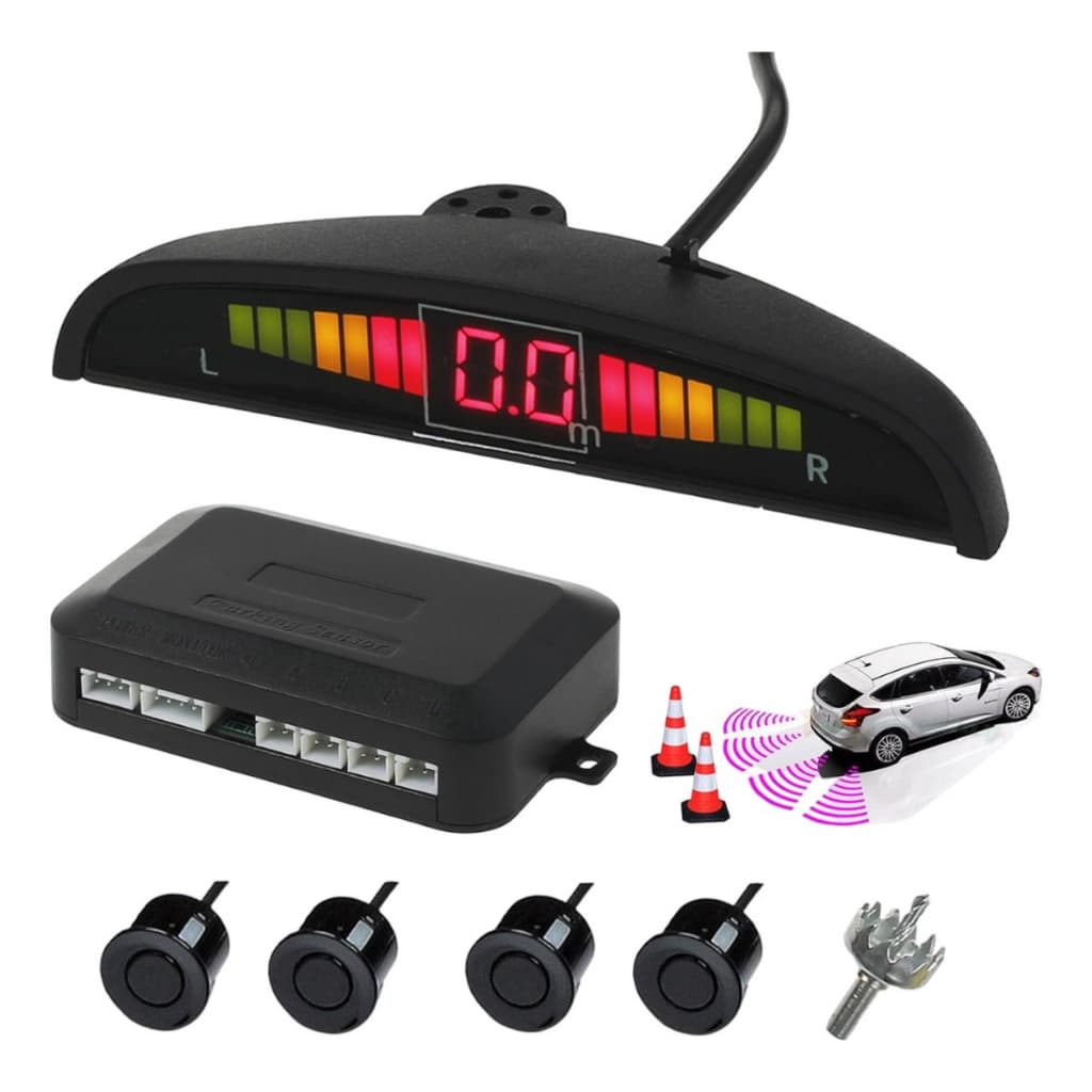 Sensor de Estacionamento 4 Pontos, Ultrassônico 22mm, Display LED Colorido Alarme Sonoro Carros
