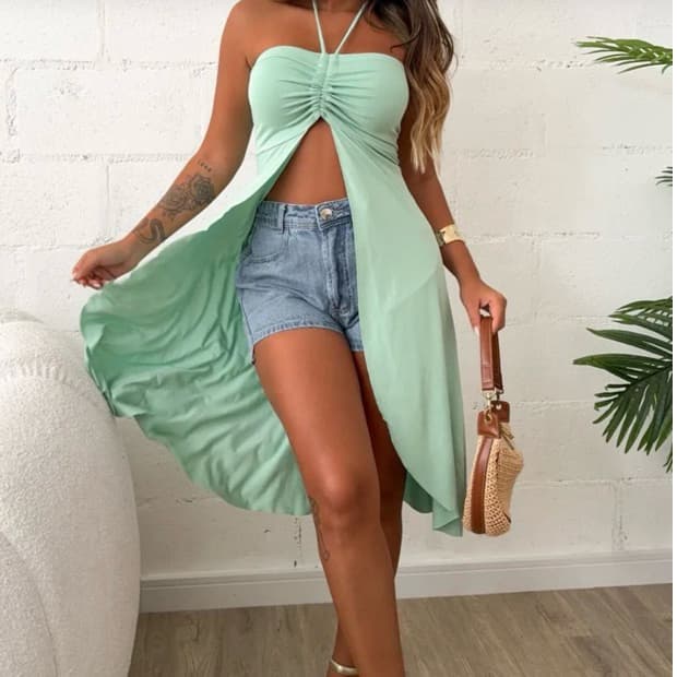 Blusa Feminina Bata Alongada  Amarração Ajustável Alça Super Tendência Verão