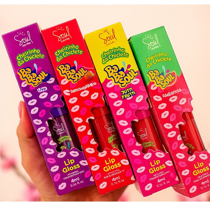 Kit 4 Lip Gloss Labial Frutas Babasoul - Gostinho de Chiclete - Sabores Uva, Melancia, Tutti fruit, Morango