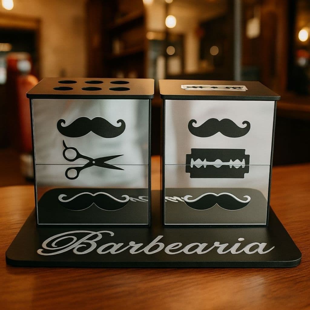 Descarte Para Lâminas De Barbearias + Porta Tesouras Espelhado MDF Barbeiro