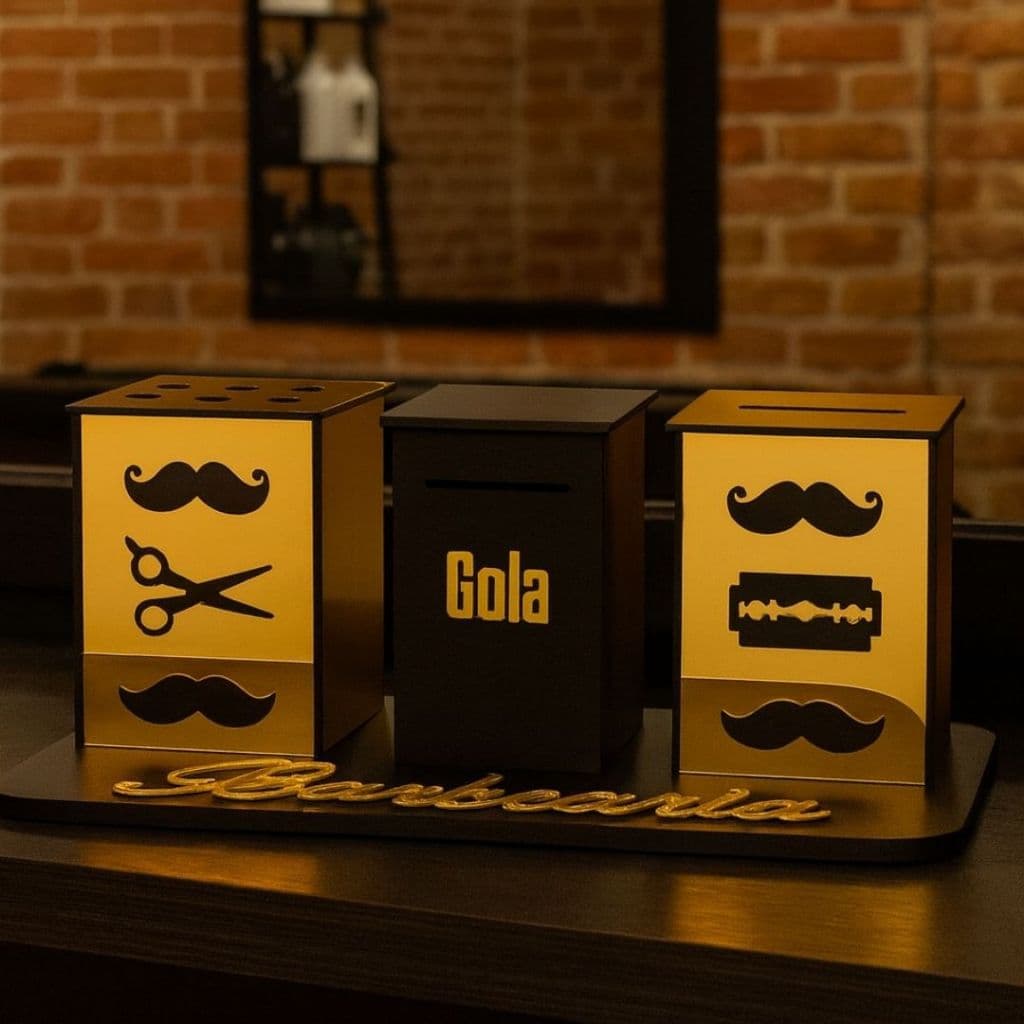 Descarte Para Lâminas De Barbearias + Porta Tesouras + Suporte Gola Higiênica Espelhado Dourado
