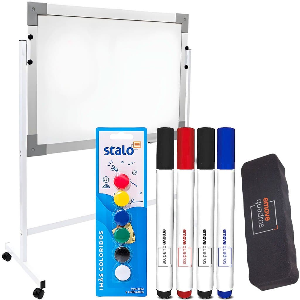 Lousa Quadro Branco 120x90cm Magnético Soft Alumínio Suporte Cavalete Com Rodinhas + Kit Apresentação Com Imãs Coloridos