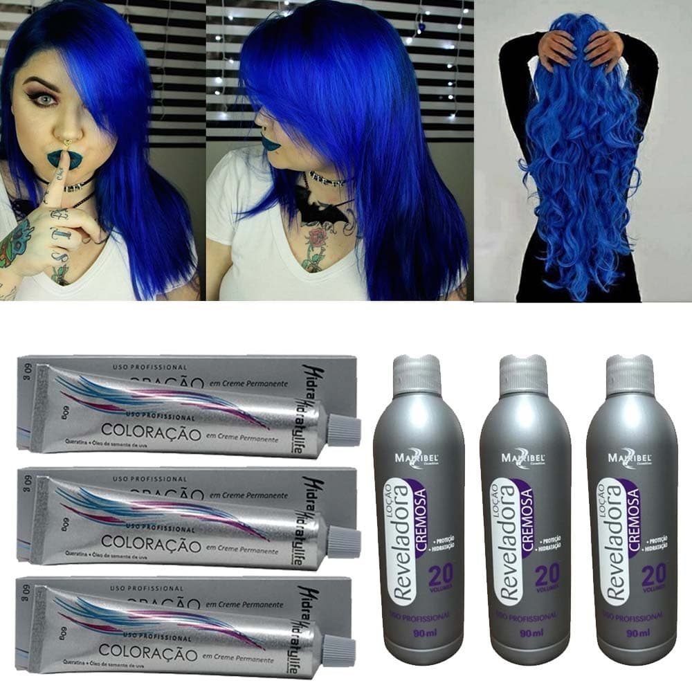 Kit Tinta Coloração Azul Royal 03 Coloração e 03 Loção Reveladora OX 20 90ml Mairibel Profissional
