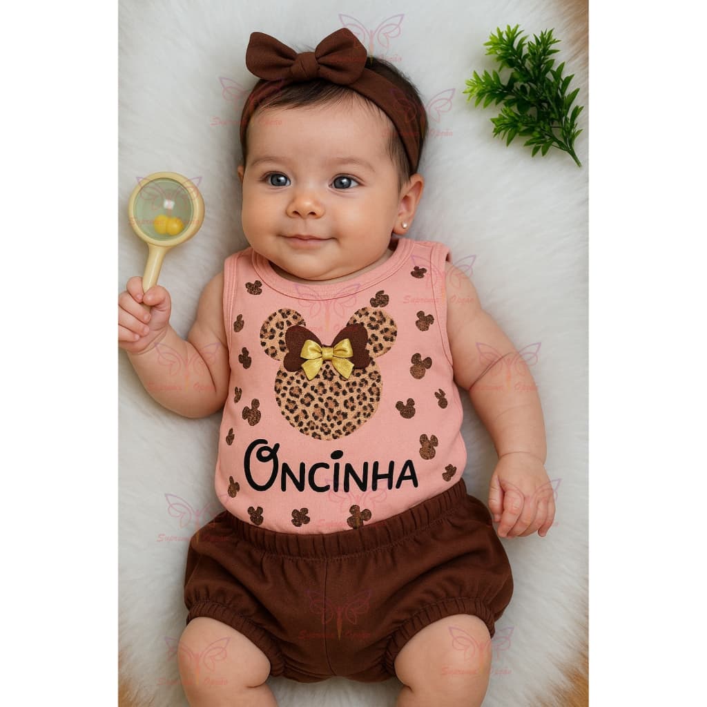 Conjunto Body + Shorts + Faixa Oncinha Bebê Menina 03 a 06 Meses Confortável