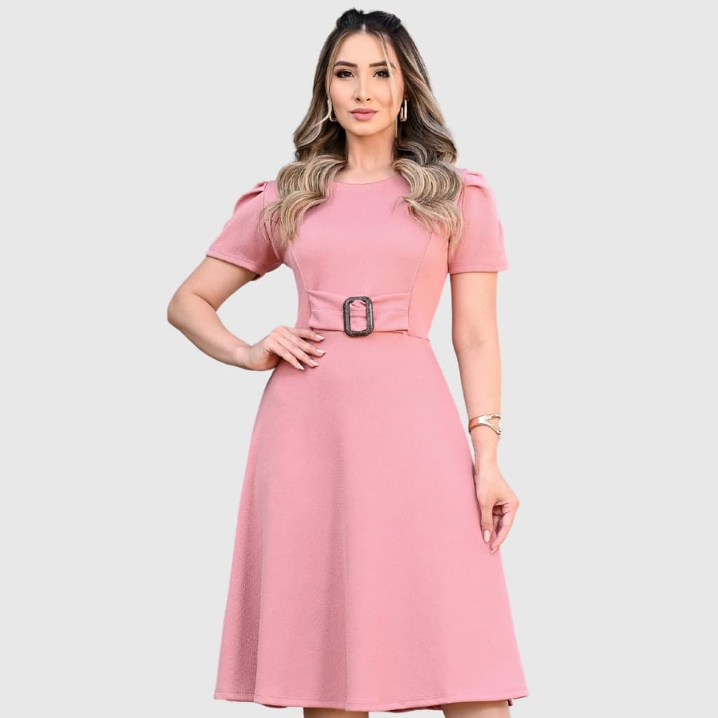Vestido Feminino Elegante Evangélico Rodado Godê Midi com Gola Redonda e Manga Curta Com Cinto Chique Tendencia