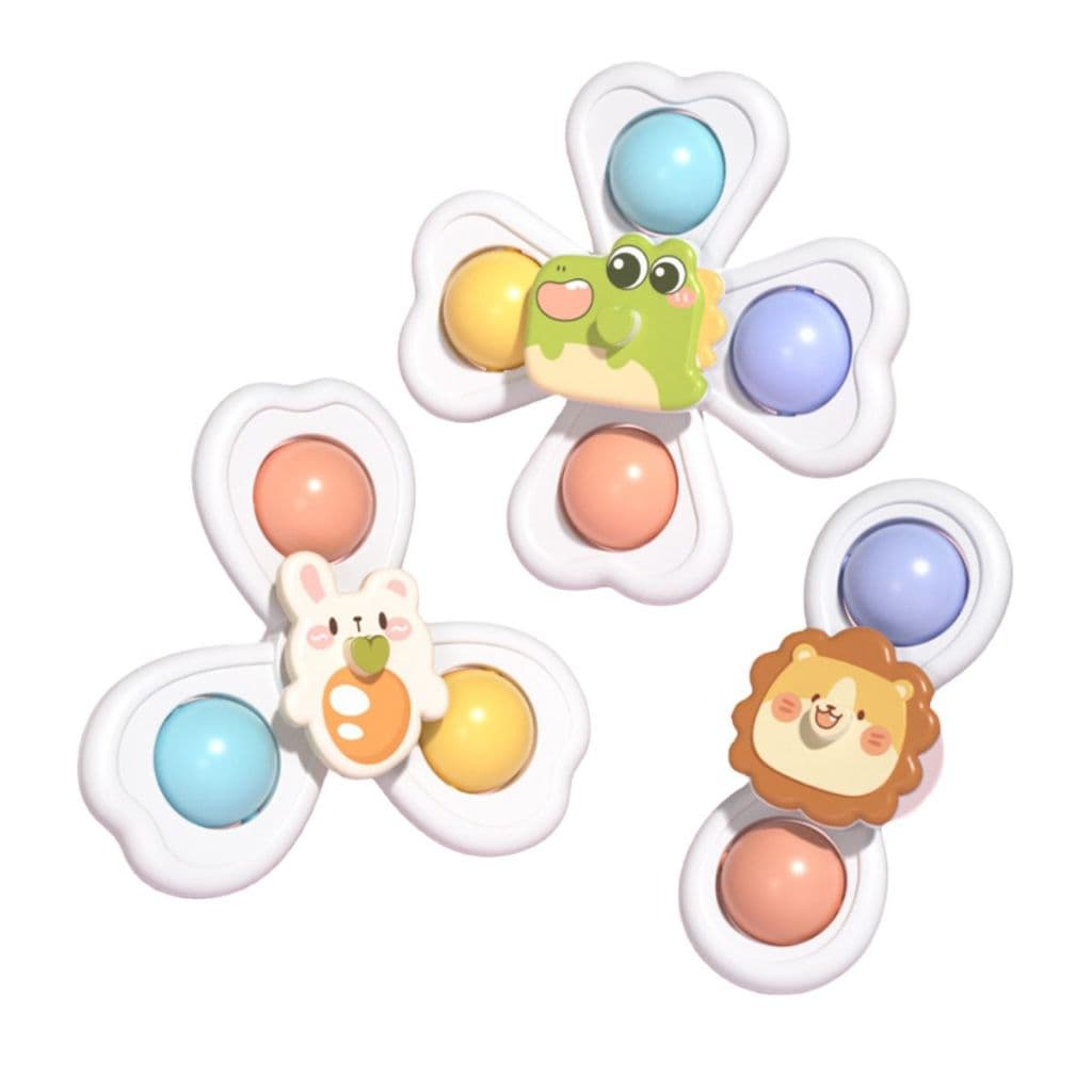 Brinquedo Sensorial Giratório com Ventosa  Kit 3 Spinners Bebê Dino, Coelho e Leão com  e Chocalho
