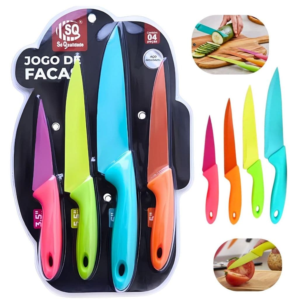 Jogo De Facas Coloridas Kit 4 Peças Aço Inox Chef Profissional SQ