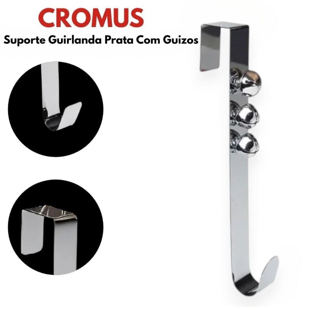 Suporte Guirlanda Natalina Cromus Prata Com Guizos Para Porta Tamanho P