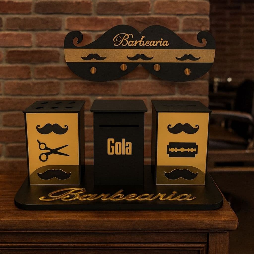 Kit Completo Bancada de Barbearia Profissional Organizador Suporte Cabideiro