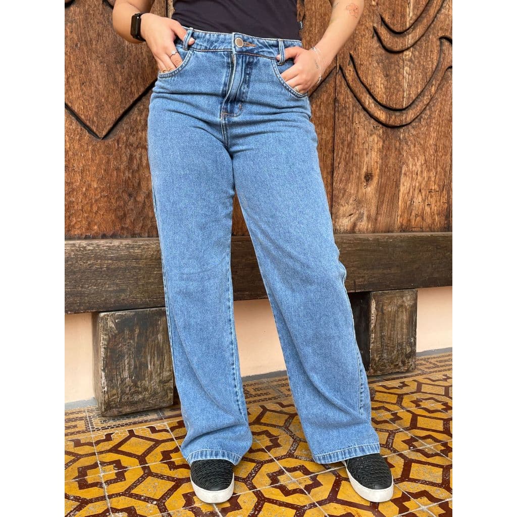 Calça Jeans Feminina Cintura Alta Wide Leg Com Bolso