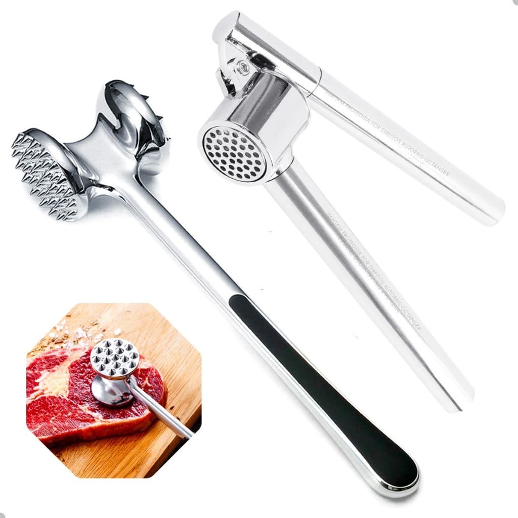 Kit Martelo Carne em Liga de zinco + Espremedor de alho com tambor Aço Inoxidável