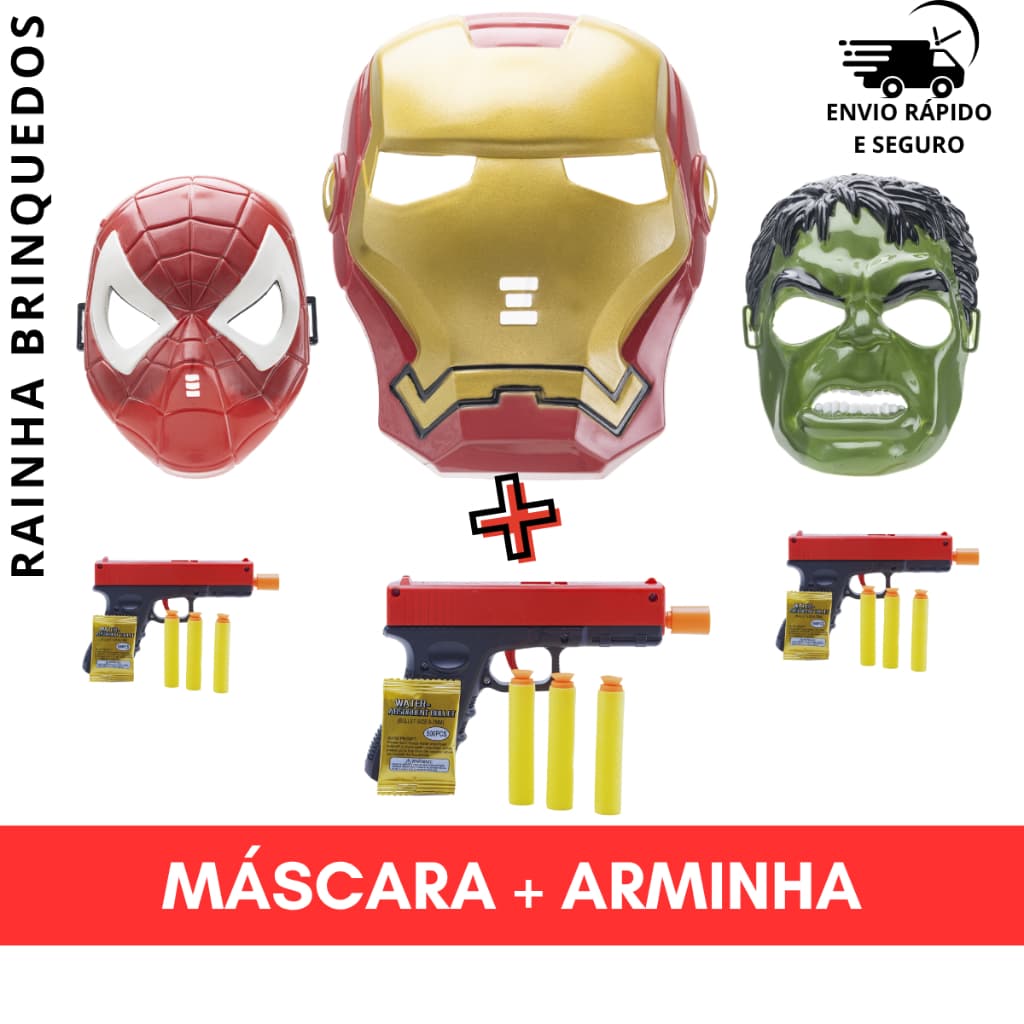 Kit Infantil Máscara Super Heroi+ Arminha Com Dardos e Bolinhas Em Gel Crianças Presente  Brincar