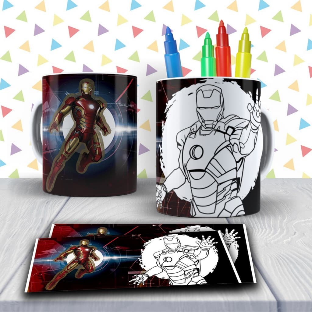 Caneca Homem de Ferro para Colorir - caneca polímero + 6 canetinhas laváveis