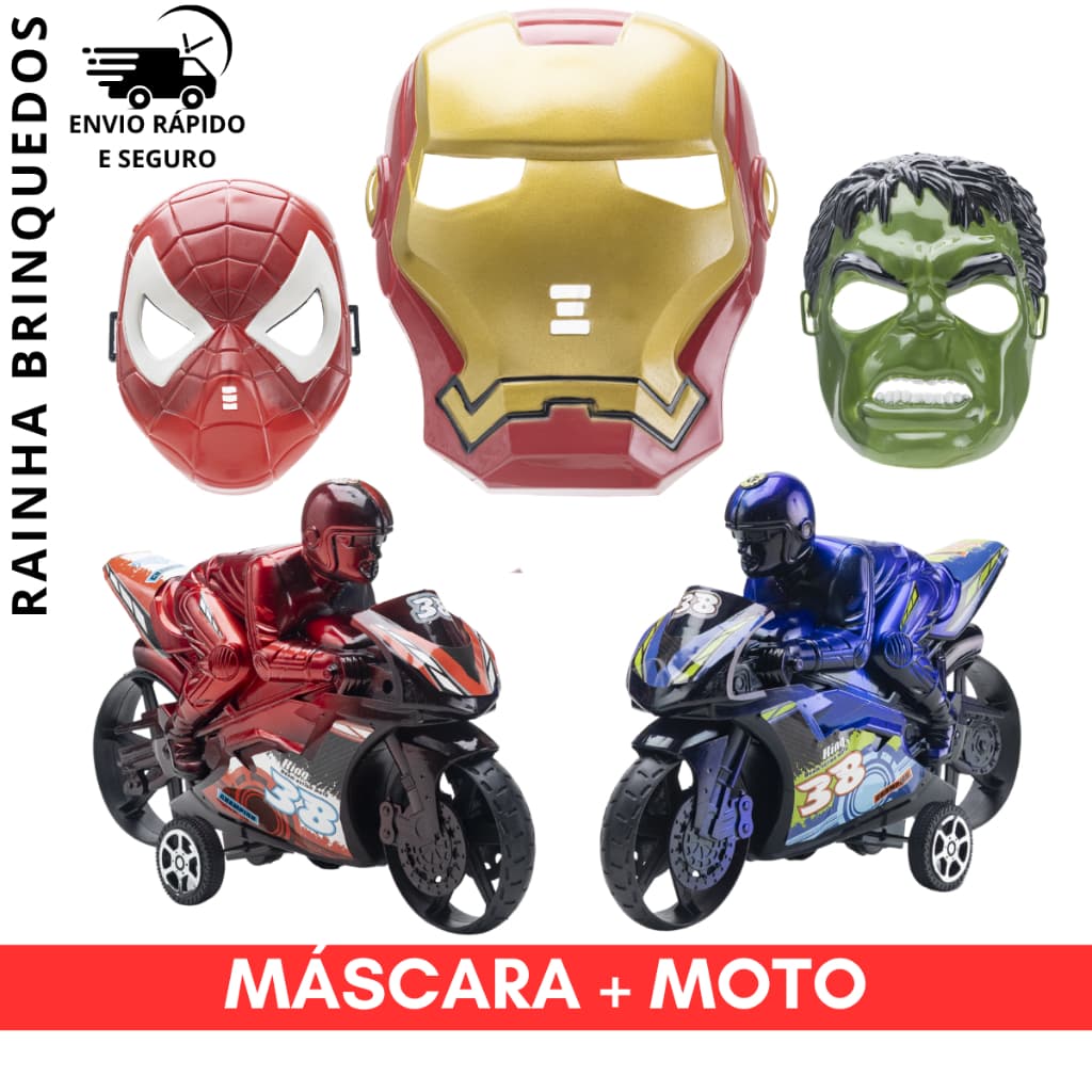 Kit Máscara Personagem Herois + Moto De Brinquedo Radicais Criança Presente Brincar
